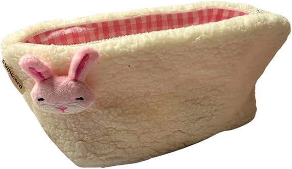 Sevimli Tavşan Peluş Yıkanabilir Fermuarlı Pembe Pötikare Astarlı Bez Kalemlik Kalem Kutusu Büyük Kapasiteli Kalem Çantası