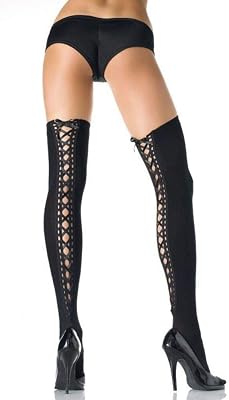 Leg Avenue Womens Opaque Thigh Highs with Satin Lace-up Back, Black, One Size