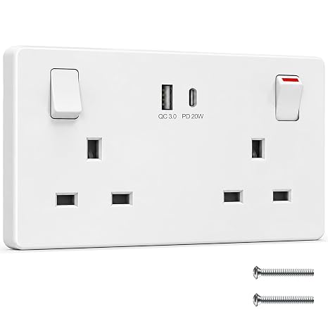 Double Socket with USB C, 2 Gang Wall Socket, Fast Charge PD20W QC3.0