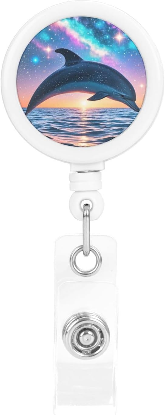 Badge Reels Retractable Badge Holders with Belt Clip Colorful Starry Sky Ocean Dolphin Badge Reel ID Name Card for Women Men Cute Id Badge Clip for Doctor Worker Office