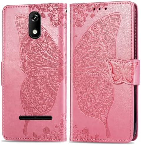 for Ans P550 Case,Butterfly Embossed Flowers PU Leather Magnetic Flip Stand Card Holders & Hand Strap Wallet Purse Cover for Ans Artia Sp555D -Pink