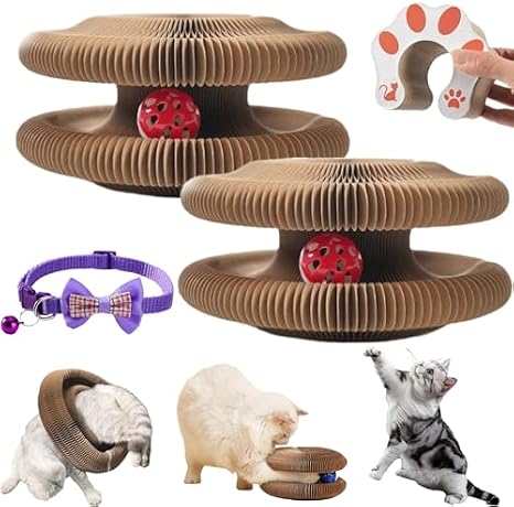 Cat Toy, Upgraded Foldable Cat Scratcher Cardboard with Bell-Ball & Track Adventure, Magic Organ Cat Scratcher Ultimate Interactive Mental & Physical Exercise for Indoor Cats (2PCS)