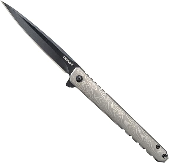 Coast Founder's Collection LX533 ORIGIN, Gentleman's EDC Folding Pocketknife, DAMASCUS Stainless-Steel Handle, Flipper Tab, Frame Lock, Pocket Clip, Black Nitride Stainless-Steel Blade