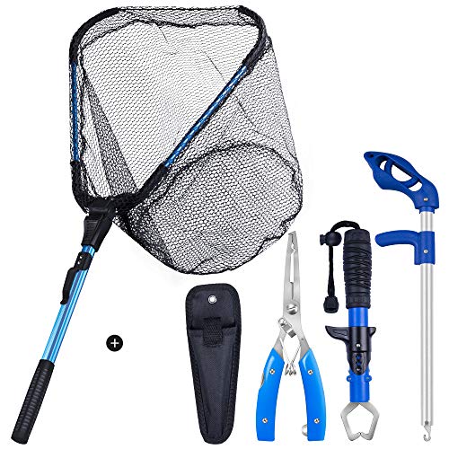 Fishing Tool Kit - 4PCS Landing Net, Pliers, Fish Gripper and Hook Remover - Kayak and Boat Fishing Gear for Freshwater or Saltwater