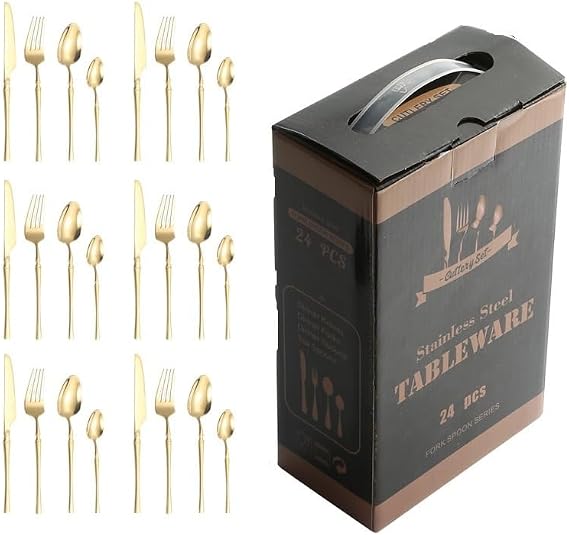 Silverware Flatware Set, 24-piece Stainless Steel Cutlery Set Steak Knife Fork Spoon Gift Box Set HotelGold