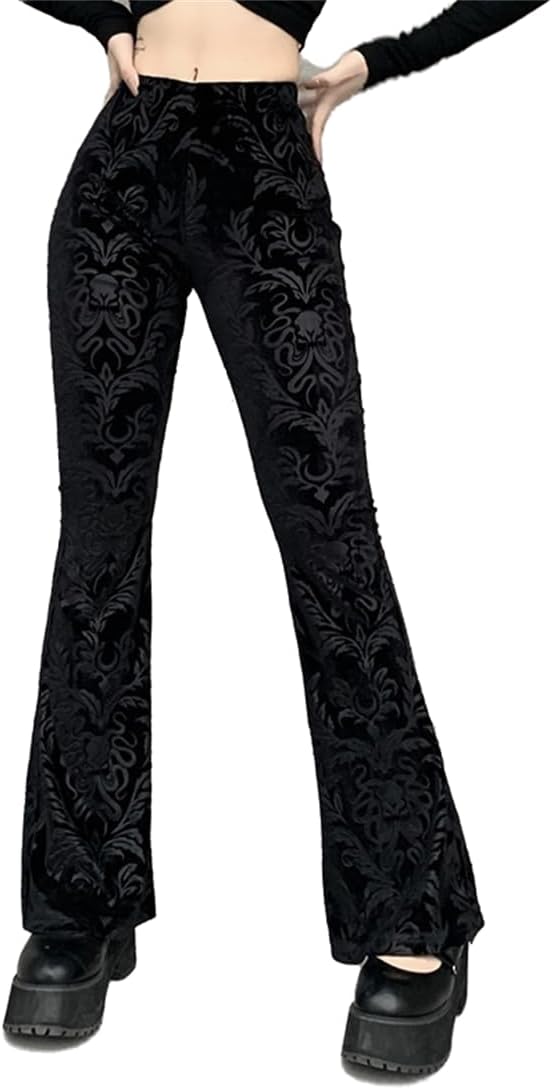 Women Gothic Bell Bottom Pants Black High Waisted Flared Leggings