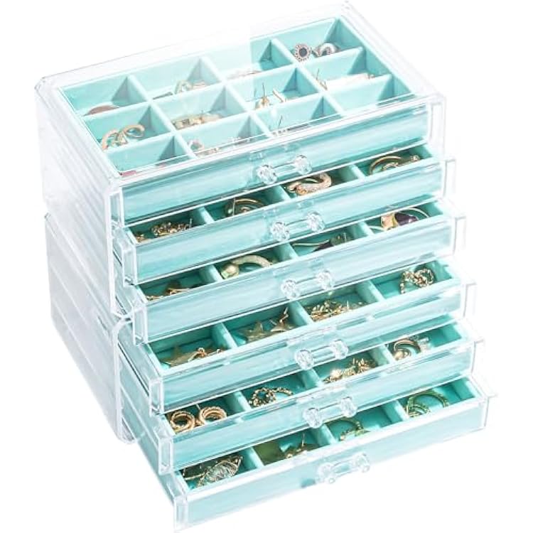 Lolalet Earring Holder Organizer Box Jewelry Storage with 6 Drawers, Clear Acrylic Stackable Earring Case with Adjustable Velvet Trays for Women on Dresser Vanity -Aqua, 6 Layers