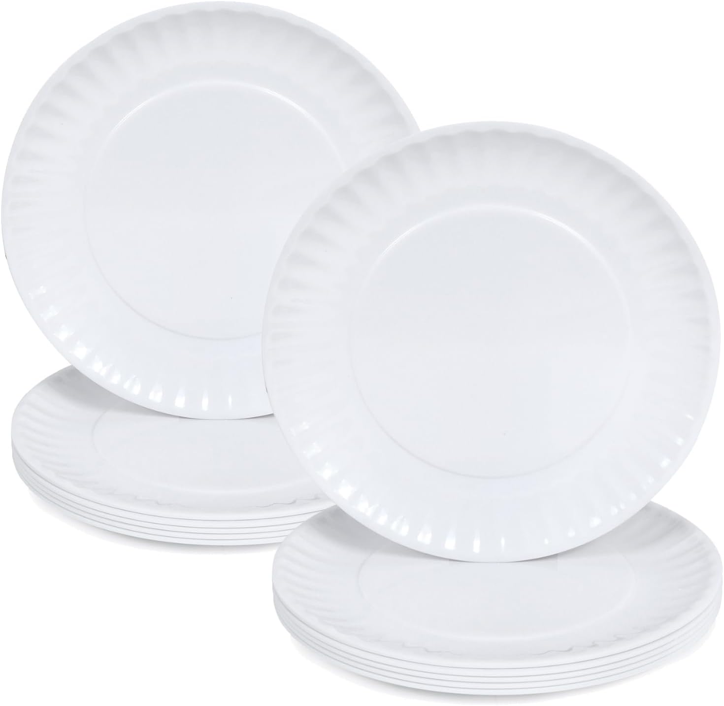 White Melamine Dinner Plates Set of 12, 10.5 Inch Lace Dish Set, Lightweight Plastic Round Plates, Scratch Resistant Kitchen Serving Dishes