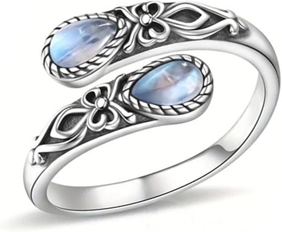 Silver Plated Adjustable Vintage Moonstone Ring for Women, Dainty Victoria Retro Relief Bow Boho Style Stackable Opal Mood Ring, Anxiety Relief Jewelry Gift for Her
