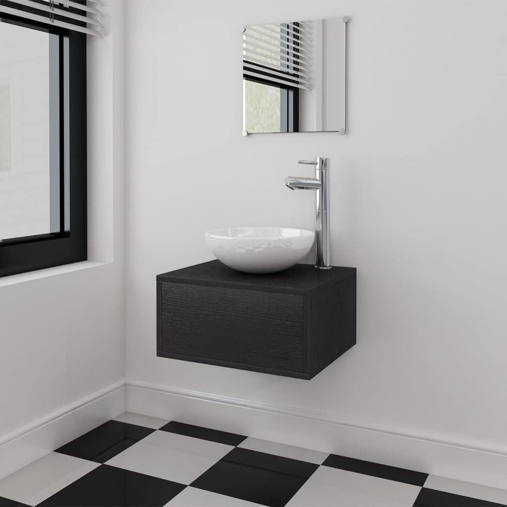 Black Bathroom Vanity Set with Ceramic Basin and Wall-Mounted Cabinet, Mirror, and Pop-Up Drain Plug for Modern Space Optimization