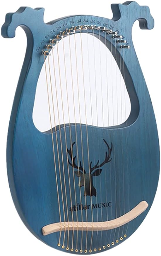 16 Strings Lyre Harp Mahogany Body String Pick Set Pickup 16-Metal-String Solid Wood With Tuning Wrench for children beginners adults bands professionals etc (Blue with deer pattern)