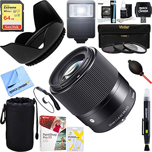 Sigma 302965 30mm F1.4 DC DN Lens for Sony E Mount  64GB Ultimate Filter & Flash Photography Bundle