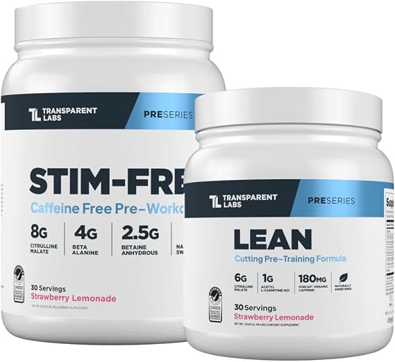 Transparent Labs Stim-Free Pre-Workout Powder (30 Servings, Strawberry Lemonade) & Lean Pre-Workout (30 Servings, Strawberry Lemonade)