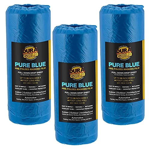 Dura-Gold 95 x 44 Pure Blue Pre-Folded Masking Film, 3 Pack Painters Plastic Roll 0.4 Mil, Pull Down Drop Sheet, Pre-Folded Plastic Sheeting for Painting Protection on Auto, Walls, Furniture