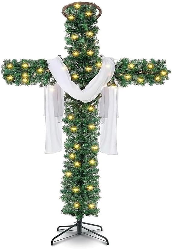 Cross Easter Tree with LED Lights, 5ft/ 6ft Lighted Cross Shape Christmas Tree with Rattan Ring & Silk Scarf for Decoration, Easy Assembly Indoor Holiday Decor for Easter, Christmas (150cm/5ft)