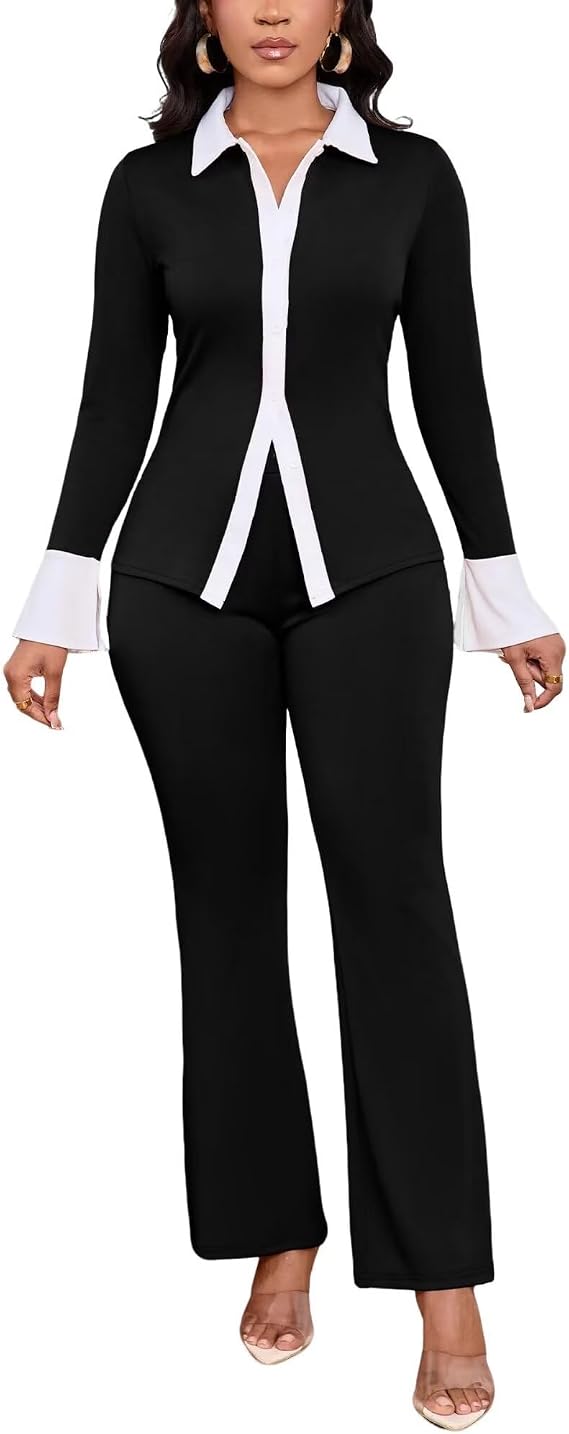 Womens 2 Piece Pantsuits Business Suit Set Long Sleeve Button Down Shirt Top Wide Leg Pants Set Work Office Outfits