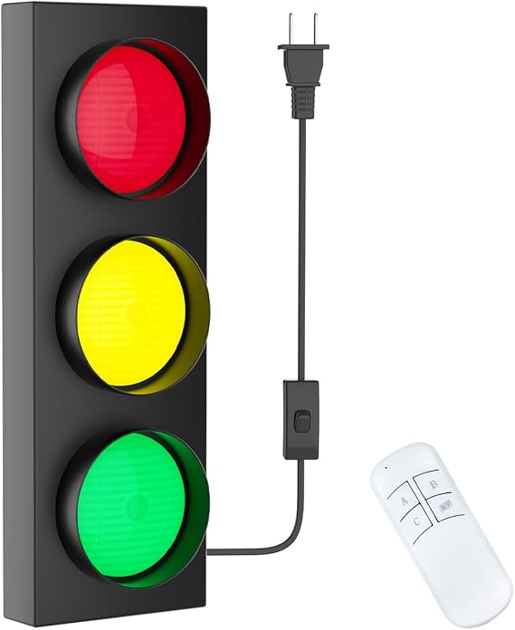 yamxun Traffic Light Lamp Decor on Wall: Remote Control LED with Easy Installation - Stop Signal Adjustable Color Green Red Yellow - Retro Industrial Design for Kids Room Classroom Bedroom Party Bar