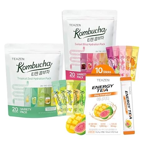 TEAZEN Kombucha Variety Pack 40 Stick & Energy tea powder 10Stick