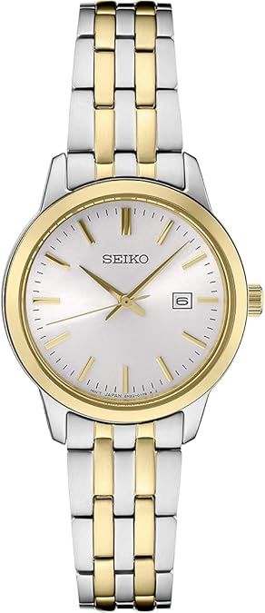SEIKO SUR410 Watch for Women - Essentials - Minimalist White Sunray Dial with Gold Hands & Markers and Date Calendar, 100m Water-Resistant, White