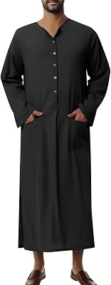 Zeiyignr Muslim Thobe for Men Button Down Caftans Middle East Mens Saudi Arab Thobe with Pocket Islamic Abaya Dubai Robe