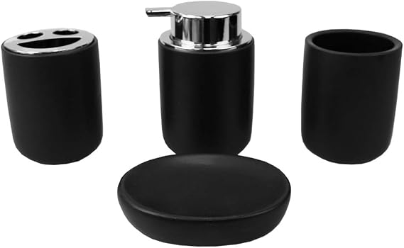 Home Basics Luxem 4 Piece Ceramic Bath Accessory Set (Black, 1) | Matte Finish | Neutral Color | Extremely Durable