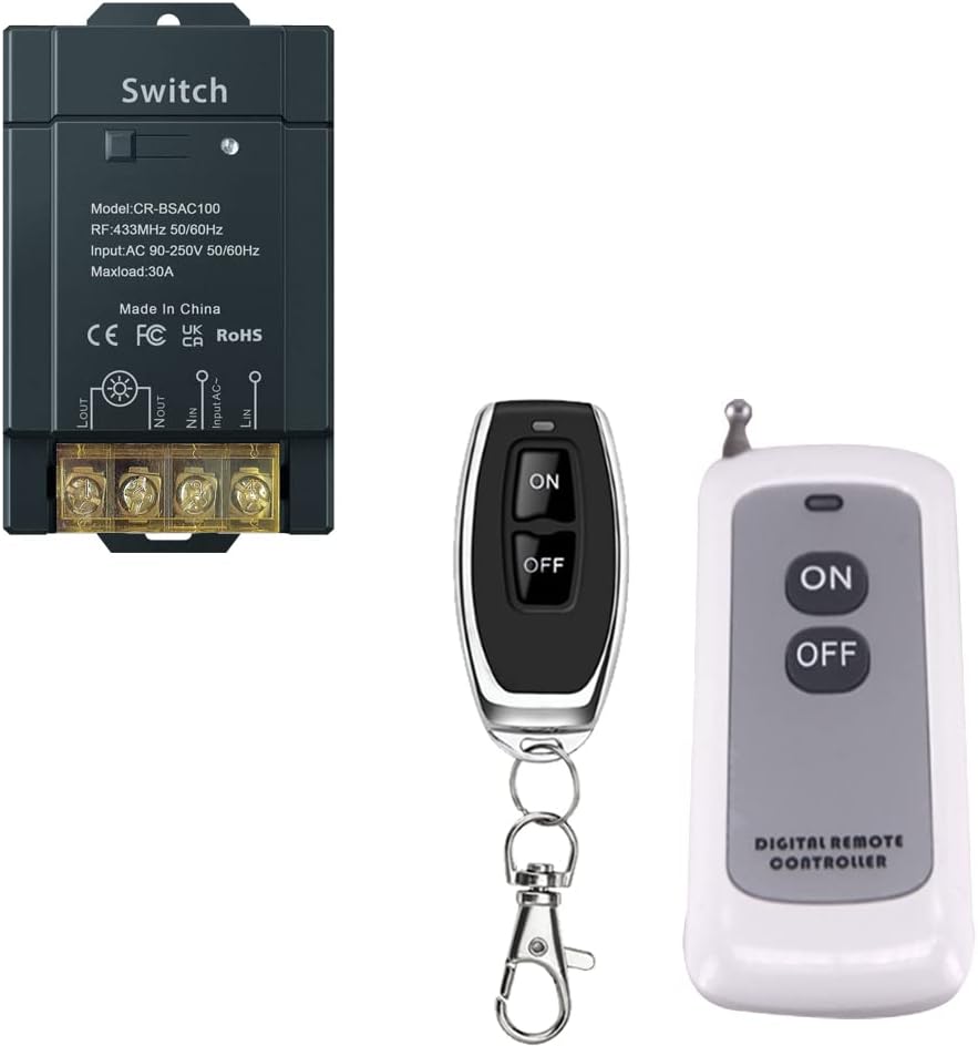 Remote Control Switch,AC100V110V220V230V240V RF Remote Light Switches for Pump Security Systems Door Curtain Gate Barriers etc with 1600ft Long Range 100V-240V-30A Relay2 Remote