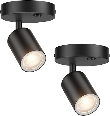 2 Pack Black LED Indoor Ceiling Spotlights GU10 Wall Spotlights, Adjustable Directional Spot Lights, 350°Pivoting Spotlight Dimmable Wall Spot Lights for Artwork Living Room Accent Lighting