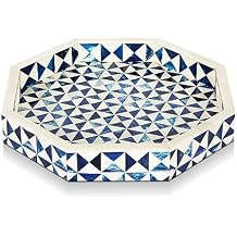 Handicrafts Home 12" Ory Octagon Bone Inlay Tray Blue White Decorative Tray Coffee Table Ottoman Serving Tray Handmade Centerpiece for Living Room Dining Display