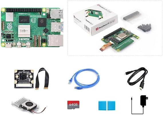 Raspb Pi 5 AI Kit, Including Raspb Pi 5 AI Kit (Hailo AI Acceleration Module with Raspb Pi M.2 HAT+), PI5-4GB Board, PI5-IMX219-77 Camera, 64GB TF Card, Pi5 Cooler, Cables, 9 Items (PI5-4GB AI Kit A)