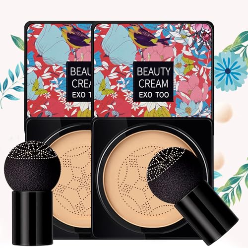 2 Pack Mushroom Head Air Cushion CC Cream Foundation, Moisturizing BB Cream, Long Lasting Matte Concealer with 2PCS Mushroom Head Sponges Natural...