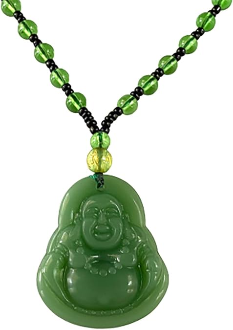 Laughing Buddha Green Jade Stabilized Turquoise Pendant 26" Necklace Bead Carved Long Large Boho Chain Genuine Certified Grade A Jadeite Hand Crafted, Jade Medallion