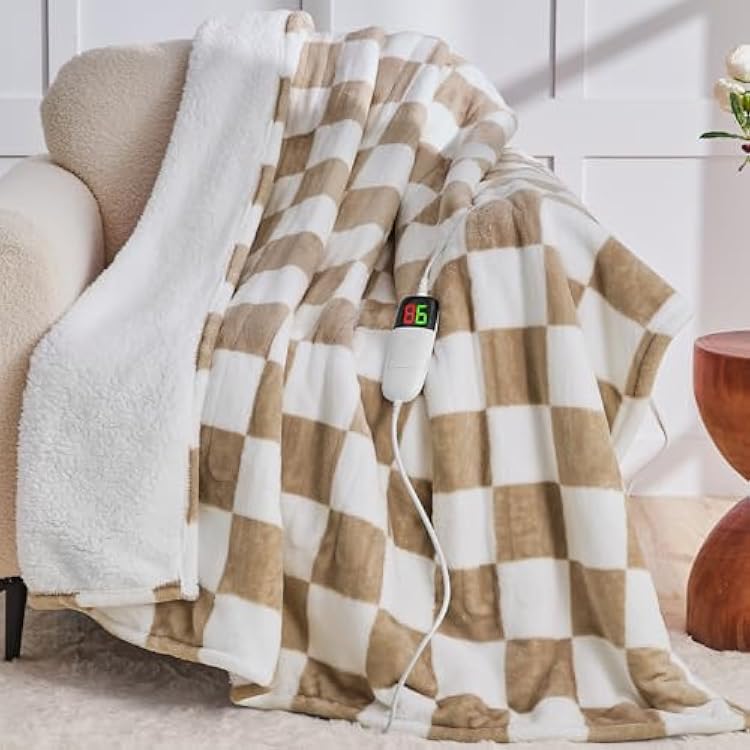 Light Brown Heated Throw Blanket Electric, 50X60 Heating Blanket with 10 Heating Levels & 8 Hours Auto Off for Lap, Checkered Plaid Soft Sherpa Blankets,Gifts for Mom, Grandma Women Couch