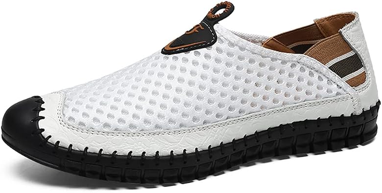 Men's Mesh Breathable Walking Loafers Outdoor Lightweight Slip-on Mesh Casual Shoes Stitching Honeycomb Hiking Shoes for Men White45