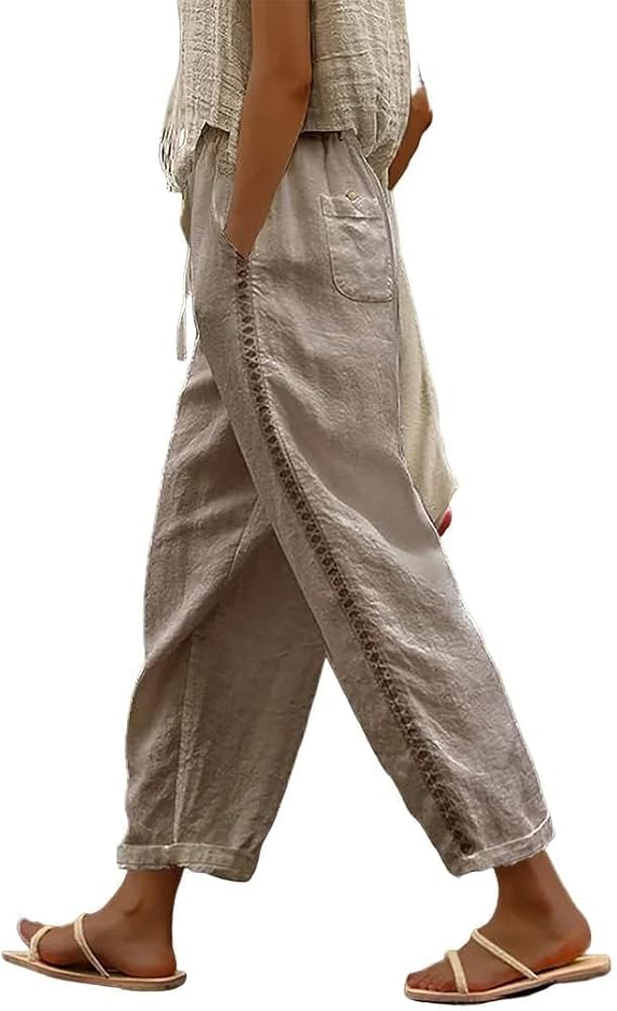DMOYALA Womens Linen Pants Summer Plus Size Casual Cotton Linen Pants Drawstring Elastic Waist Cropped Trouser with Pockets