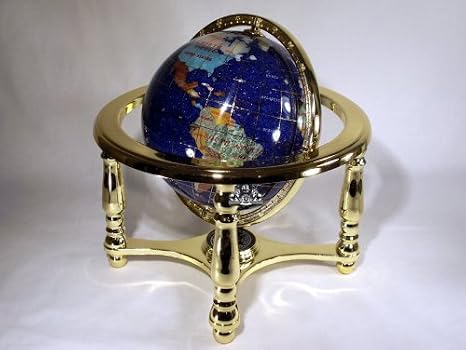 10" Tall Blue Crystallite Ocean Table Top Gemstone World Map Globe with 4-Leg Gold Stand