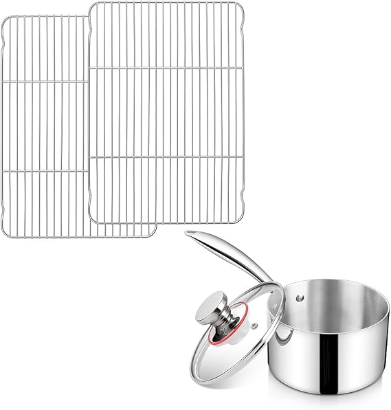 Saucepan & Cooling Rack Set, 2QT Tri-Ply Stainless Steel Sauce Pan with Ergonomic Handle, Stainless Steel Baking Wire Racks for Oven Cooking Drying Roasting Grilling, 16.6*11.5 Large Mesh Racks for