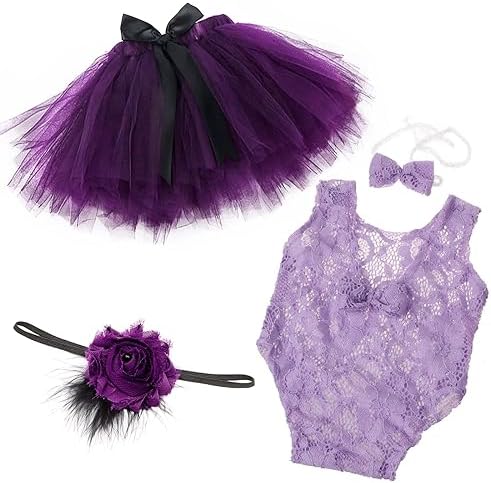SPOKKI 4 PCS Newborn Photography Props Outfits-BabyTutu Skirt Cute Bow Headdress and Lace Rompers Sets for Infants Girl Boy PH227-E