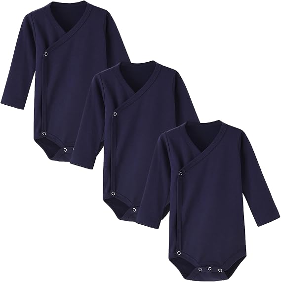 ACESTAR Baby Boy Girl Side Snap Bodysuits - 100% Cotton Plain Long Sleeve Baby Kimono for Newborn-12 Months, 3 Pack