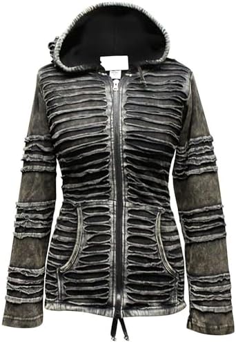 Shopoholic Fashion Women's Gothic Style Stone Washed Hippie Razor Cut Zip Up Hoodie