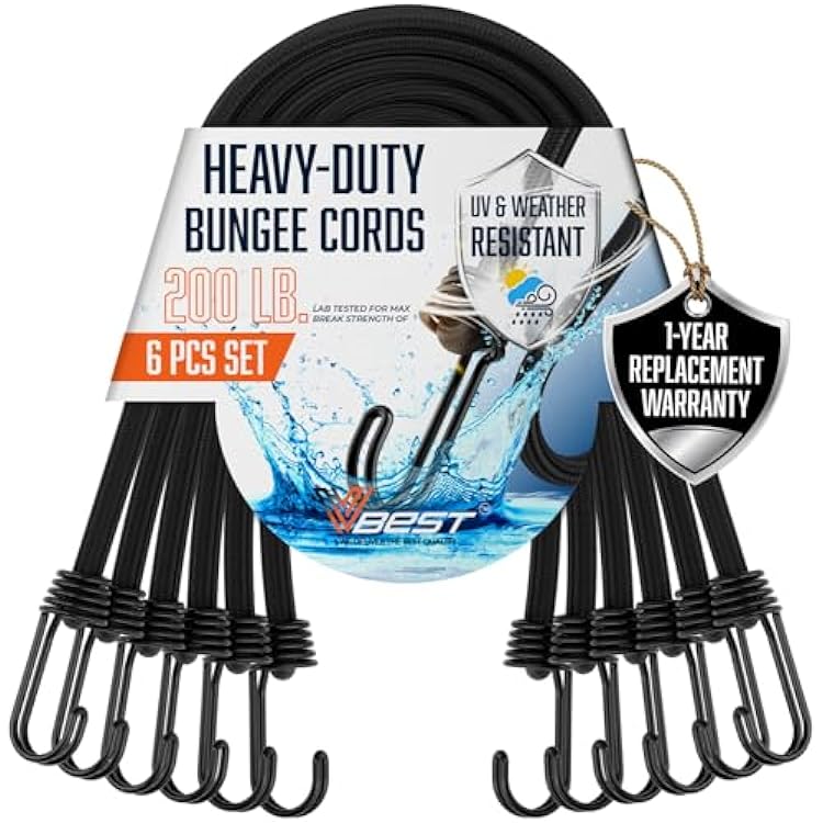 Strong Long Bungee Cords Heavy Duty Outdoor - 6 Pieces Set of Large Bungee Cords with Hooks 60 Inch - 5 ft Black Bungie Chords UV & Weather Resistant