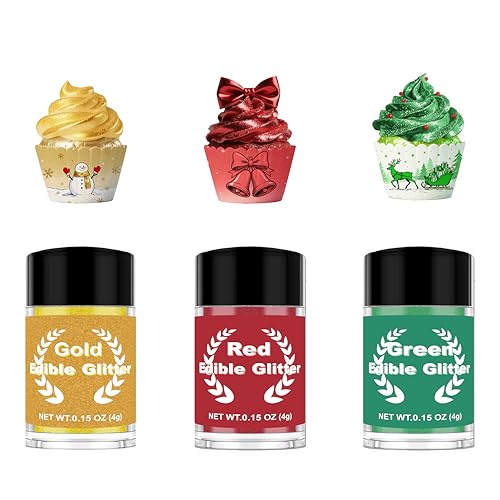 Christmas Edible Glitter 3 Colors Holiday Edible Shimmer Set Red, Green, Gold for Baking, Cake Decorating Food Grade Drink Glitter Sparkle Powder 4gEach Bottle