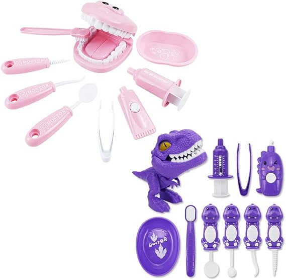Bundle 19PCS = 9PCS Plastic Simulation Dentist Play Set (Pink) + 10PCS Plastic Dinosaur Simulation Dentist Play Set (Purple)