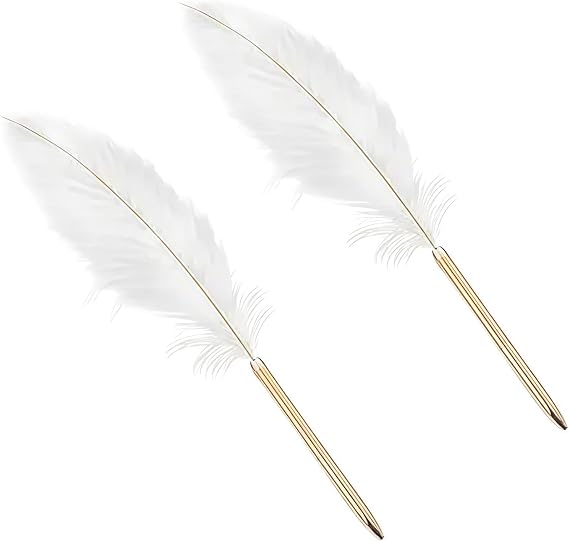 2Pcs White Feather Ballpoint Pen Black Inks Pen Refillable Ballpoint Pen for School Writing, Signatures Pens and Refills Wedding Signing Pen