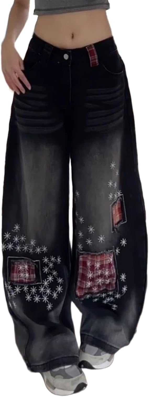 Women's Jeans Embroidered Patchwork Flare Pants Distressed Wash Wide Leg Denim High Waist Vintage Style Trousers