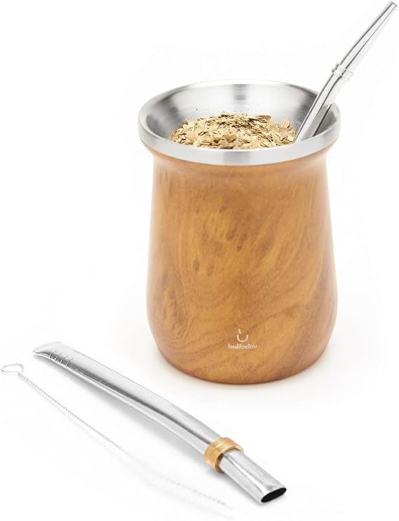 BALIBETOV Yerba Mate Kit - Includes One Yerba Mate Cup and Bombilla Set - Stainless Steel Yerba Mate Gourd with Calabash Gourd Shape and Bombilla Mate - Easy to clean and maintain. (Wood), SS-01