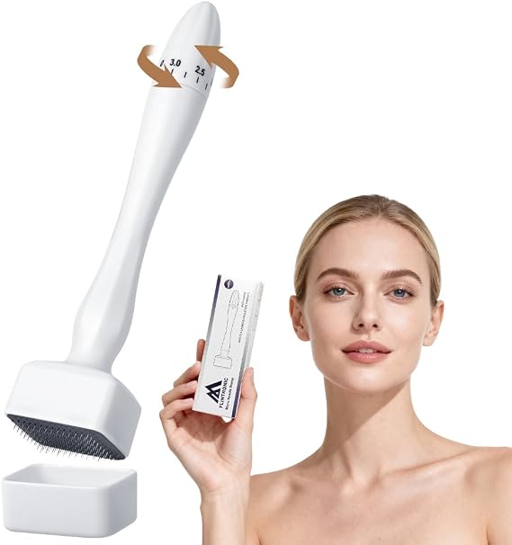 Flintronic Adjustable Derma Stamp, Microneedling Dermastamp with 140 Micro-Needles, 0-3MM Dermapen for Hair Beard Growth, Enhanced Skin Elasticity for Face, Body (White)