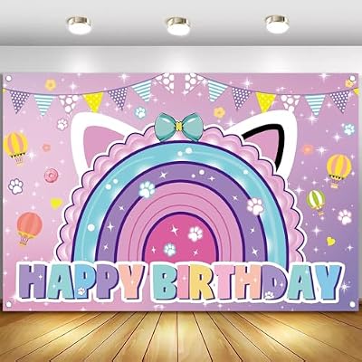 Cartoon Cat Theme Happy Birthday Photography Backdrop, 5x3ft Rainbow Background Photo Booth Banner Props for Kids Girls Boys Birthday Baby Shower Holiday Party Decorations Supplies