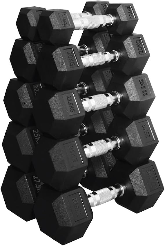 Hex Dumbbells Weight Set – 5 Pairs (2.5kg–30kg) | Rubber-Encased Cast Iron Hex Weights | Anti-Roll Design | Strength Training Equipment for Home Gym & Fitness Workouts