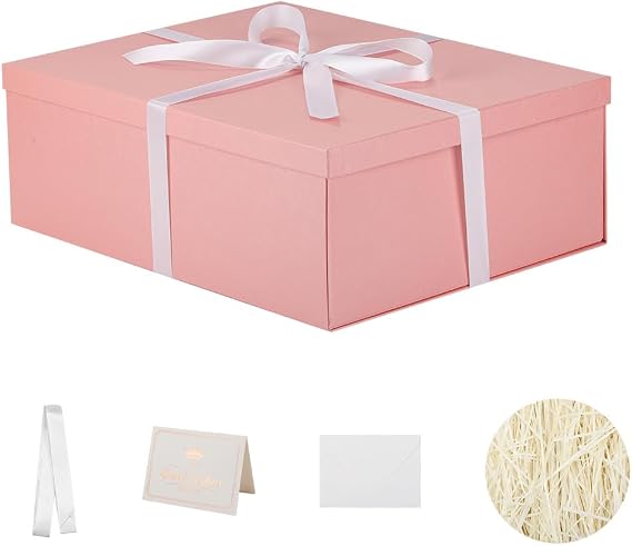 Extra Large Gift Box with Lid 42x32x15.5 cm, Pink Gift Boxes for presents Packaging for Birthdays, Valentine's Day, Christmas, (Include Shredded Paper Fill, Envelope Card Ribbon)