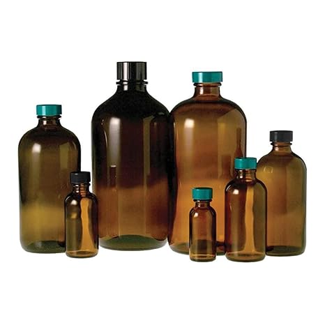 Qorpak GLC-02010 Boston Round Bottle with 33-400 Black Phenolic PolyCone Lined Cap, 32 oz, Amber (Pack of 30)